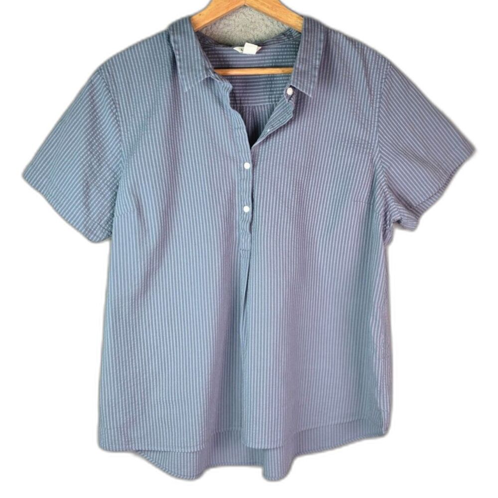LL Bean Preppy Cotton Seersucker Shirt XL Blue White Stripe Short Sleeve